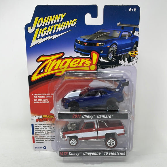 Johnny Lightning Zingers! 2021 2 Pack 2011 Chevy Camaro 1973 Chevy Cheyenne 10 Fleetside Rel 4 Ver B