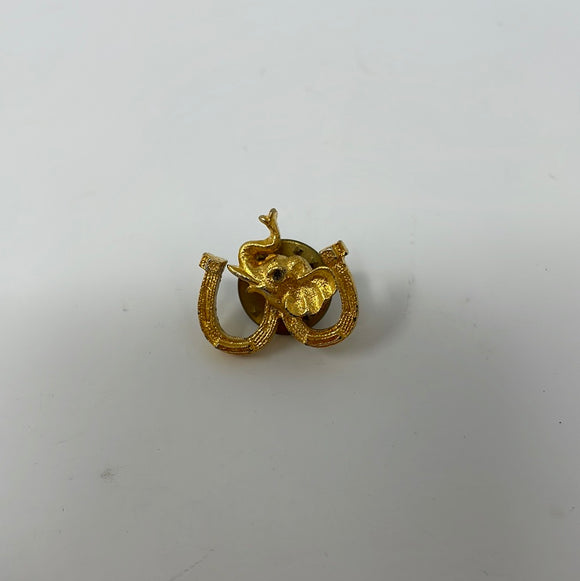 Vintage Gold Tone Elephant and 2 Horseshoes Good Luck Lapel Pin