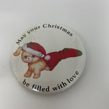 Vintage Christmas pin puppy stocking 2" May Your Christmas Be Filled With Love