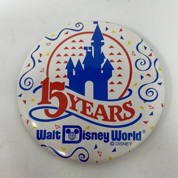 Vintage 1986 Walt Disney World 15 Years Anniversary Button Pin, Pinback 3” Large