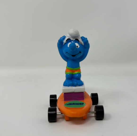Vintage 1996 Peyo Applause Smurf On Skateboard Rolling Collectible Hardee's Toy