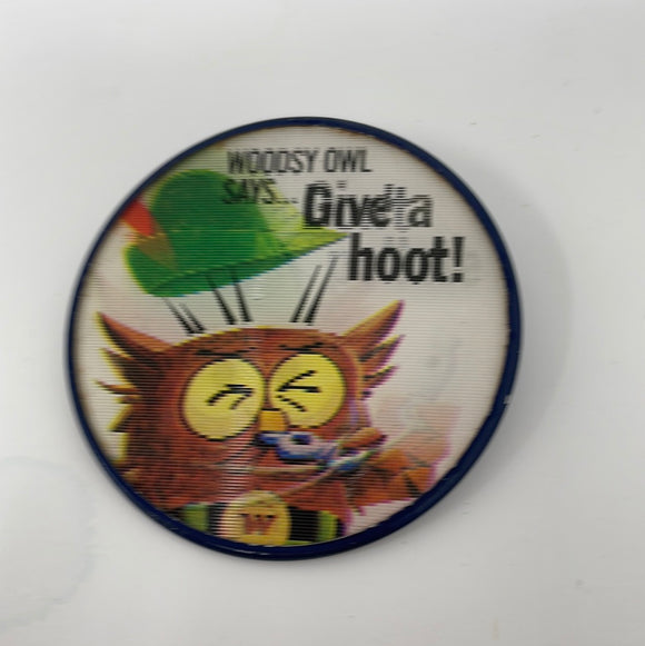 Rusty Woodsy Owl Says Give A Hoot Don’t Pollute Vari-Vue Lenticular Pin / Button