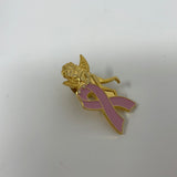 Breast Cancer Pink Ribbon And Angel Pin Gold Tone Enamel