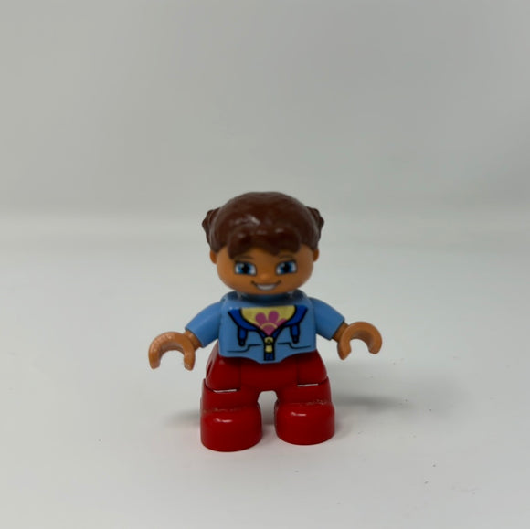 Lego Duplo Figure Kid Girl brown hair lt blue/red flower Blue eyes