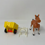 Vintage Little People Brown Horse With White Harness and Yellow Wagon