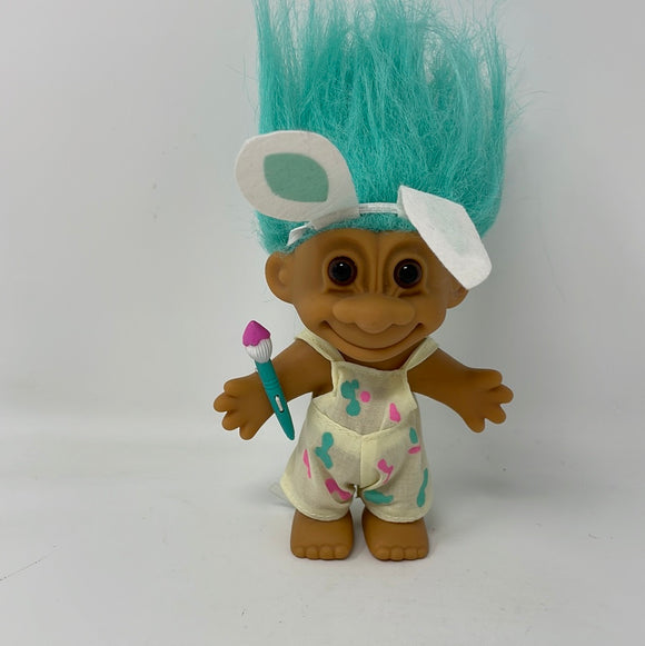 Russ Trolls Teal Hair Bunny Ears Painter Overalls Paint Brush 5 Inch Doll