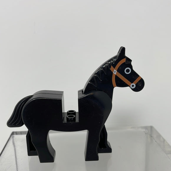 LEGO Black Horse Black Eyes Circled with White Brown Bridle Pattern