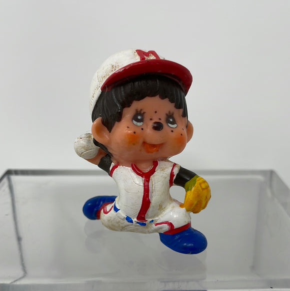 Vintage Monchhichi 1979 PVC / Plastic Mini Figure Baseball Pitcher Fast Ball