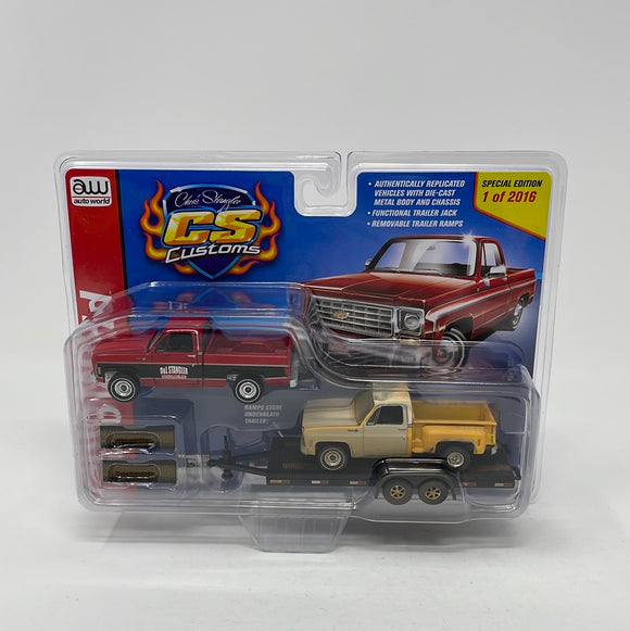 Auto World CS Customs 1975 and 1974 Chevy Pickups with Flat Bed Trailer 1 of 2016 Special Edition
